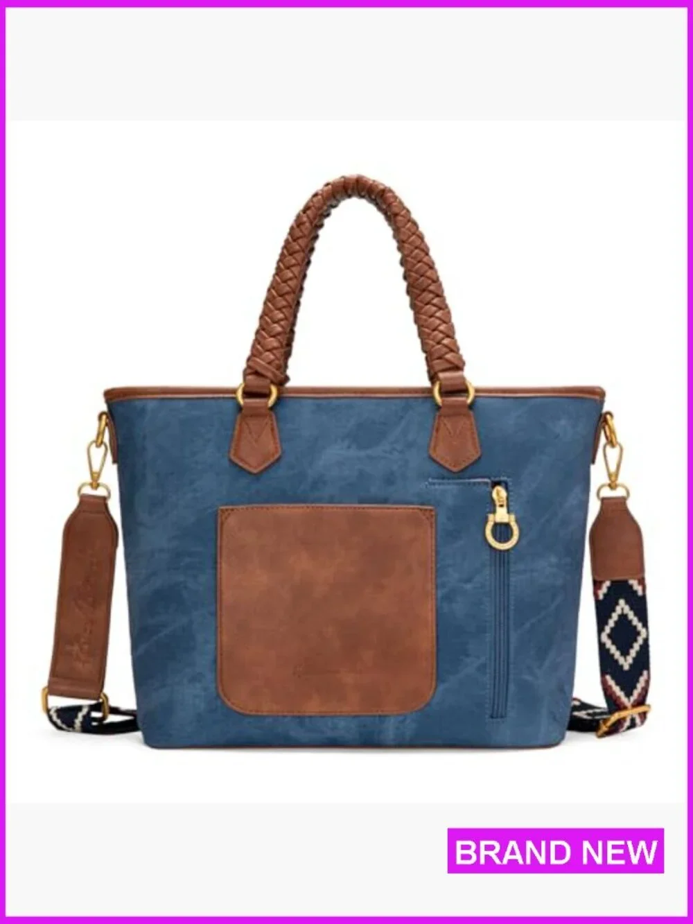 Vintage Patriotic Western Tote Bag with Braided Handles Distressed Flag Design